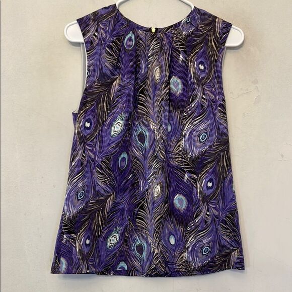 Tory Burch Purple Peacock Feather Print Sleeveless Blouse Size 8 EUC - Picture 1 of 11